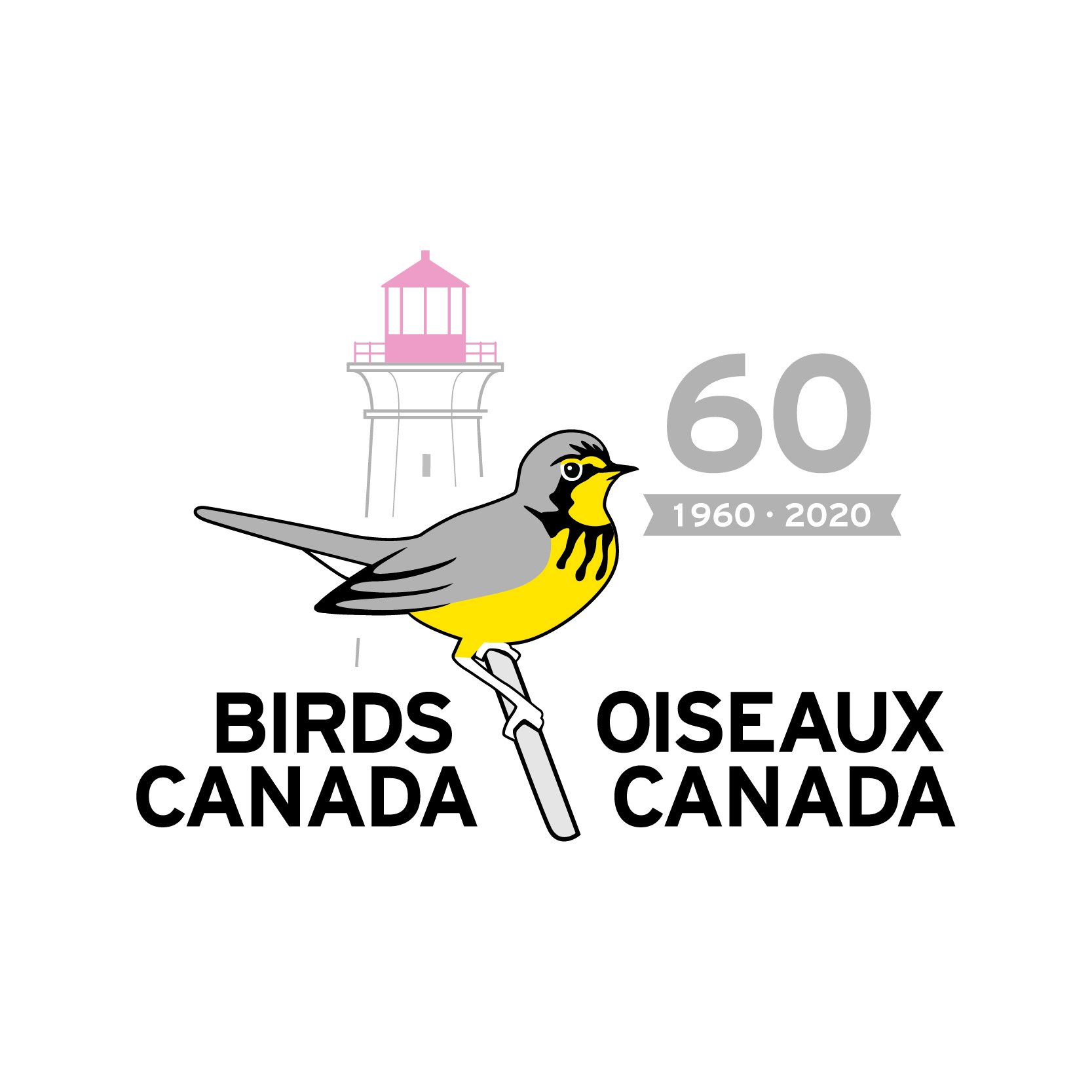 鸟加拿大60周年纪念标志. 图中，一只加拿大林莺栖息在树枝上，背景是灯塔. 在角落里是灰色的数字60.