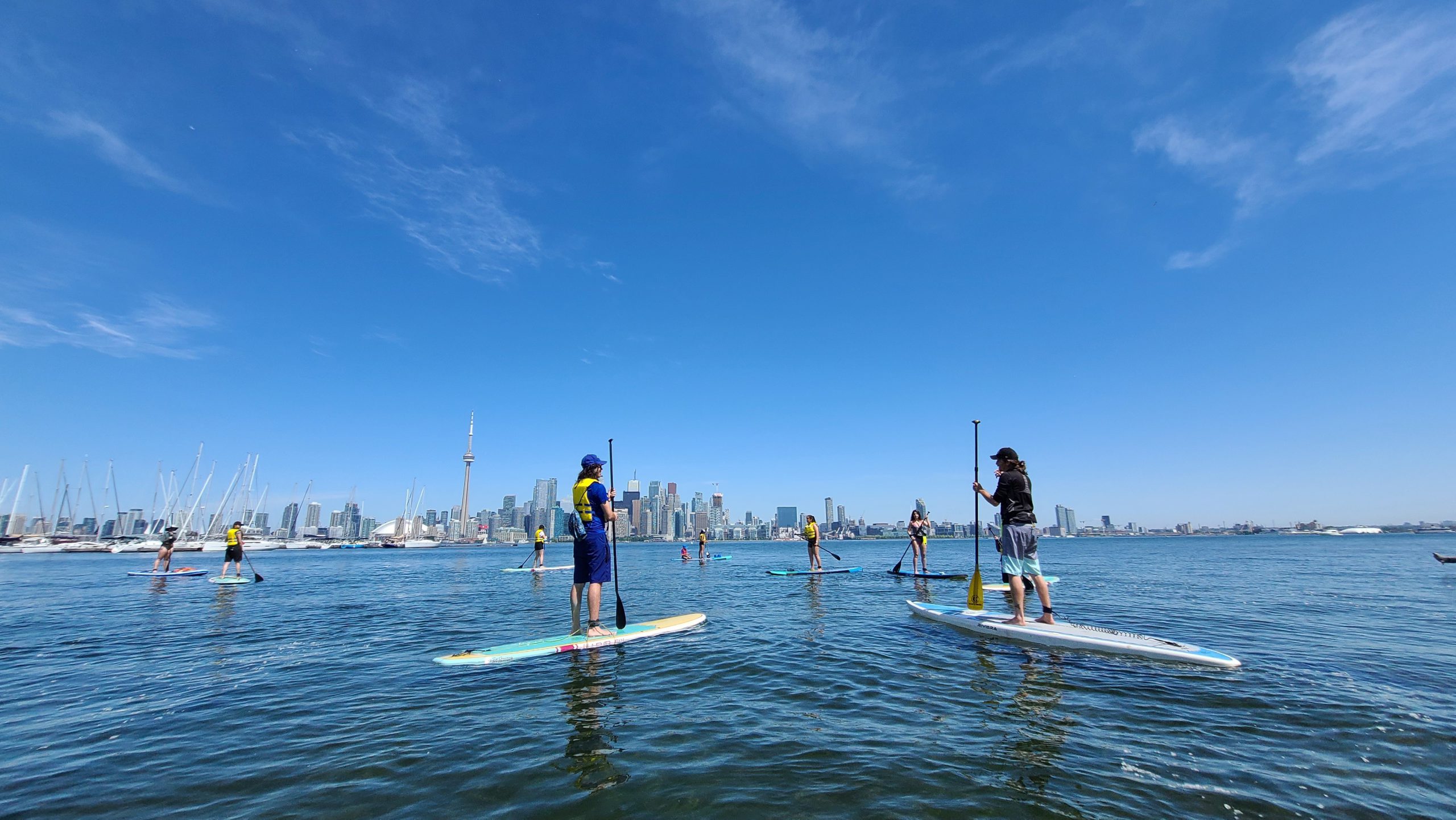 paddle boarders with the Toronto skyline in the background