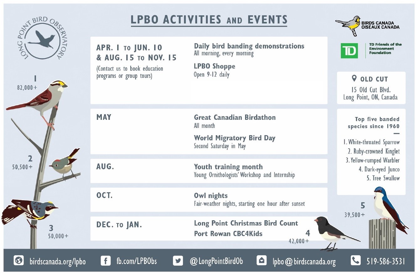 Calendar of Activities and Events by month for Long Point Bird Observatory