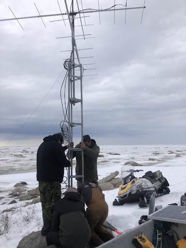 Birds Canada’s Lucas Berrigan and Eeyou Marine Region Wildlife Board’s Felix Boulanger, Bernard Diamond, and Joel Stephen set up a Motus station at Consolation Point, QC. 